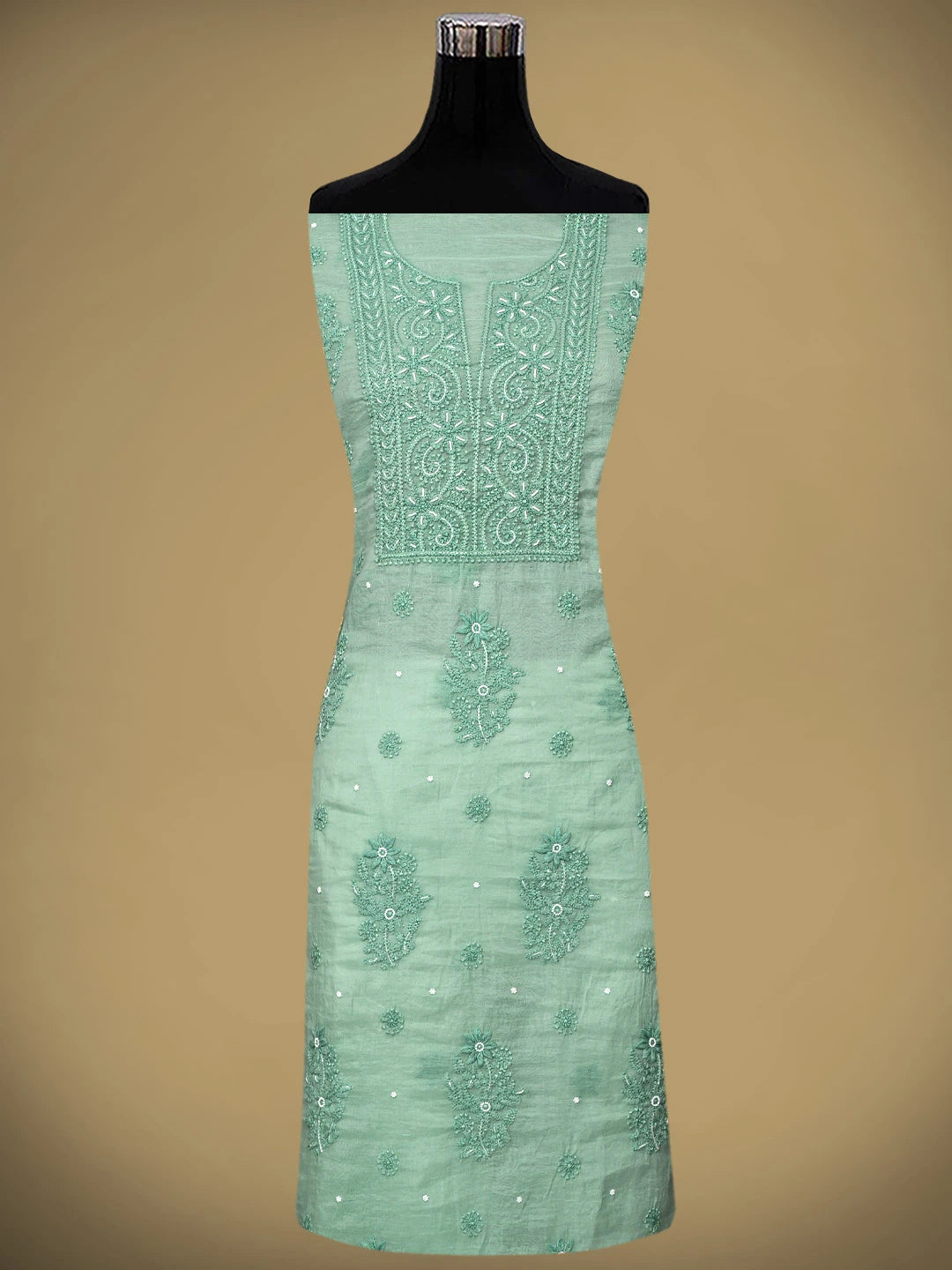 Ada Hand Embroidere Sea Green Chanderi Lucknowi Chikankari Unstitched Kurta Dupatta Set With Cutdana Work 01A897609