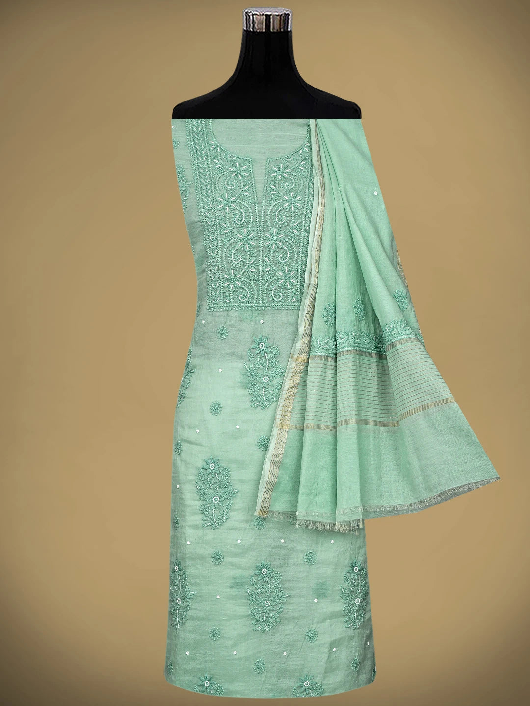 Ada Hand Embroidere Sea Green Chanderi Lucknowi Chikankari Unstitched Kurta Dupatta Set With Cutdana Work 01A897609