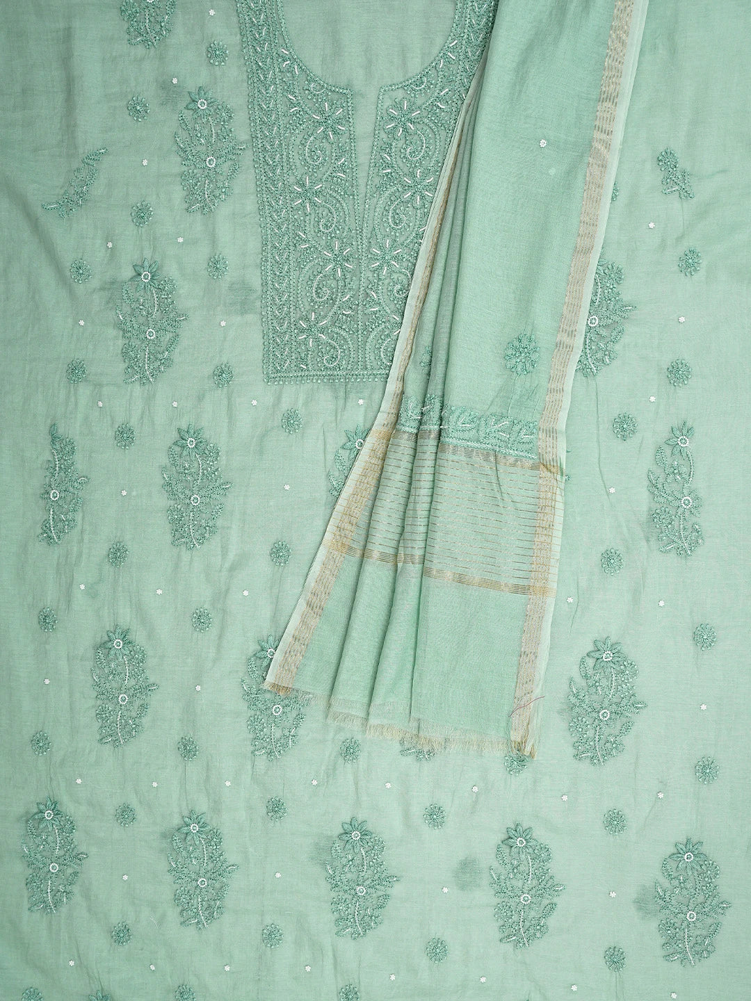 Ada Hand Embroidere Sea Green Chanderi Lucknowi Chikankari Unstitched Kurta Dupatta Set With Cutdana Work 01A897609