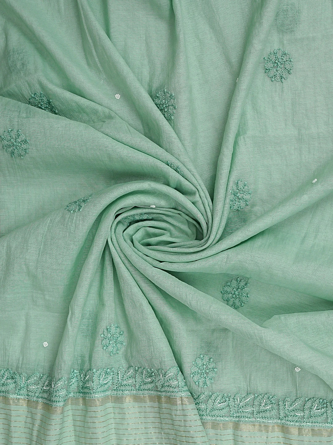 Ada Hand Embroidere Sea Green Chanderi Lucknowi Chikankari Unstitched Kurta Dupatta Set With Cutdana Work 01A897609