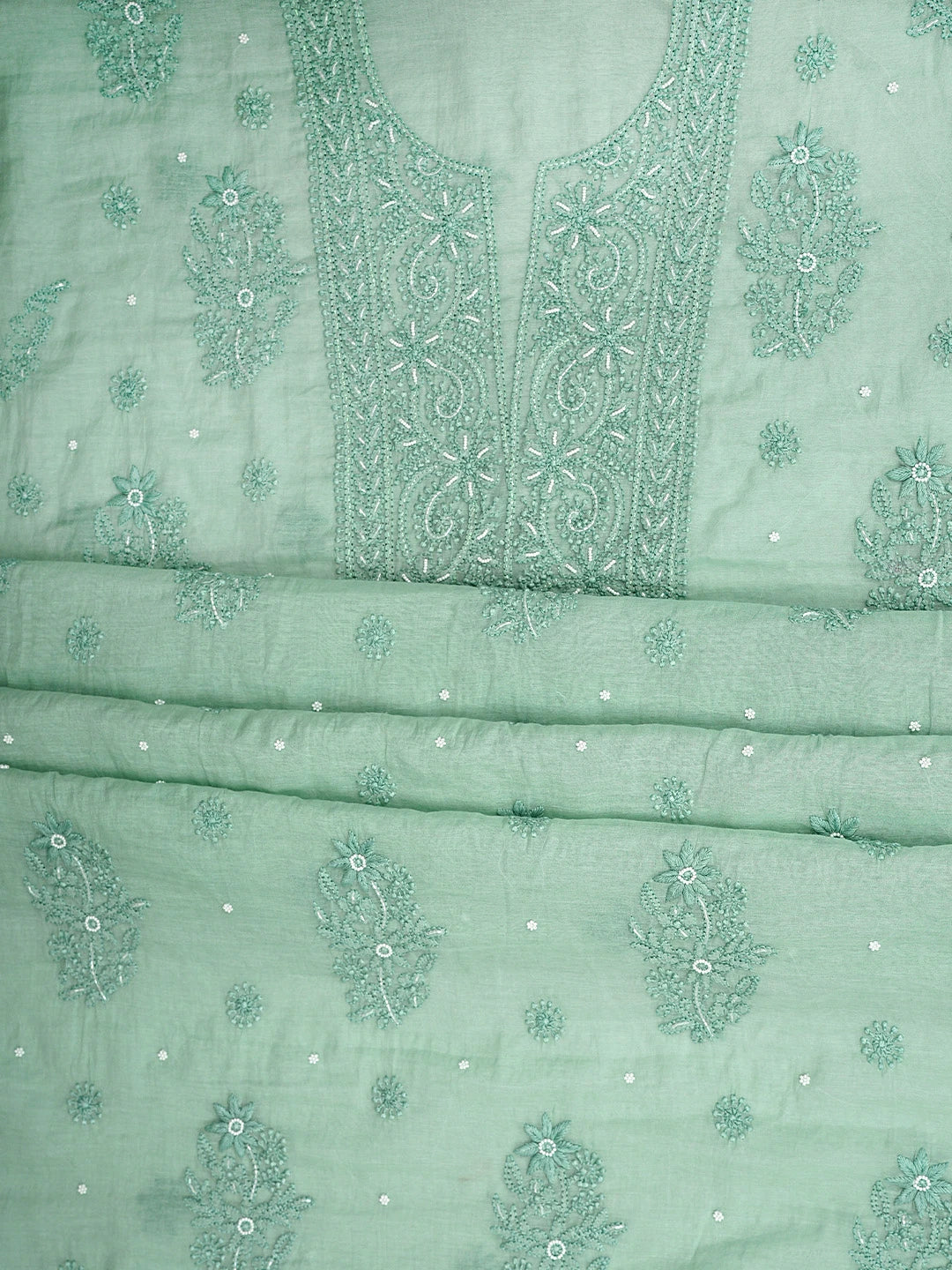 Ada Hand Embroidere Sea Green Chanderi Lucknowi Chikankari Unstitched Kurta Dupatta Set With Cutdana Work 01A897609