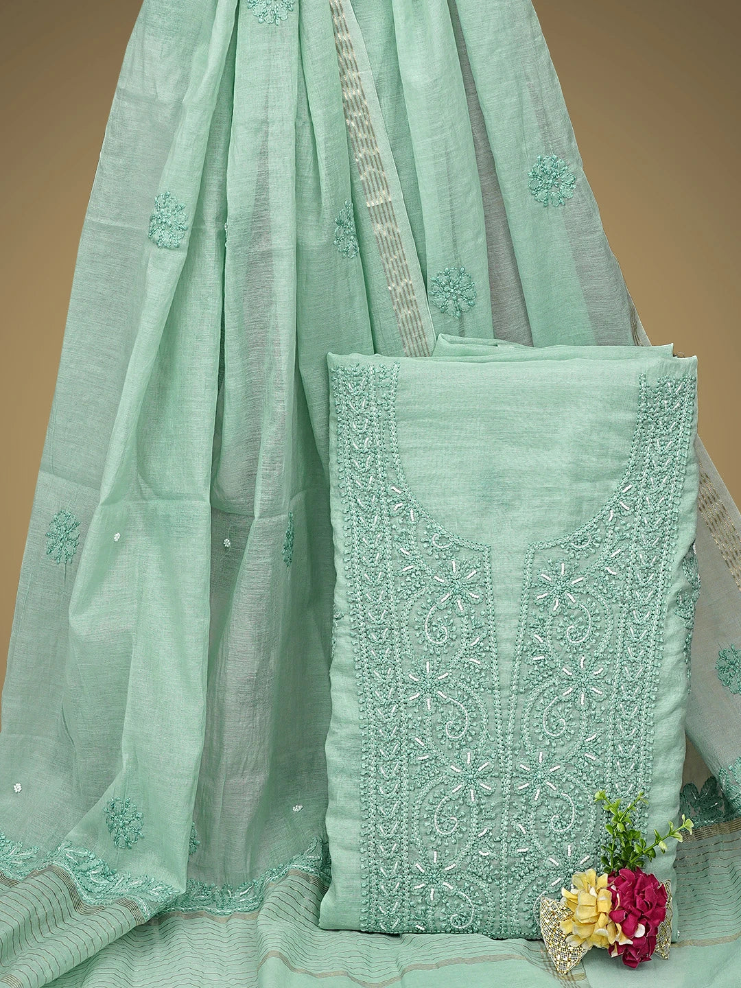 Ada Hand Embroidere Sea Green Chanderi Lucknowi Chikankari Unstitched Kurta Dupatta Set With Cutdana Work 01A897609