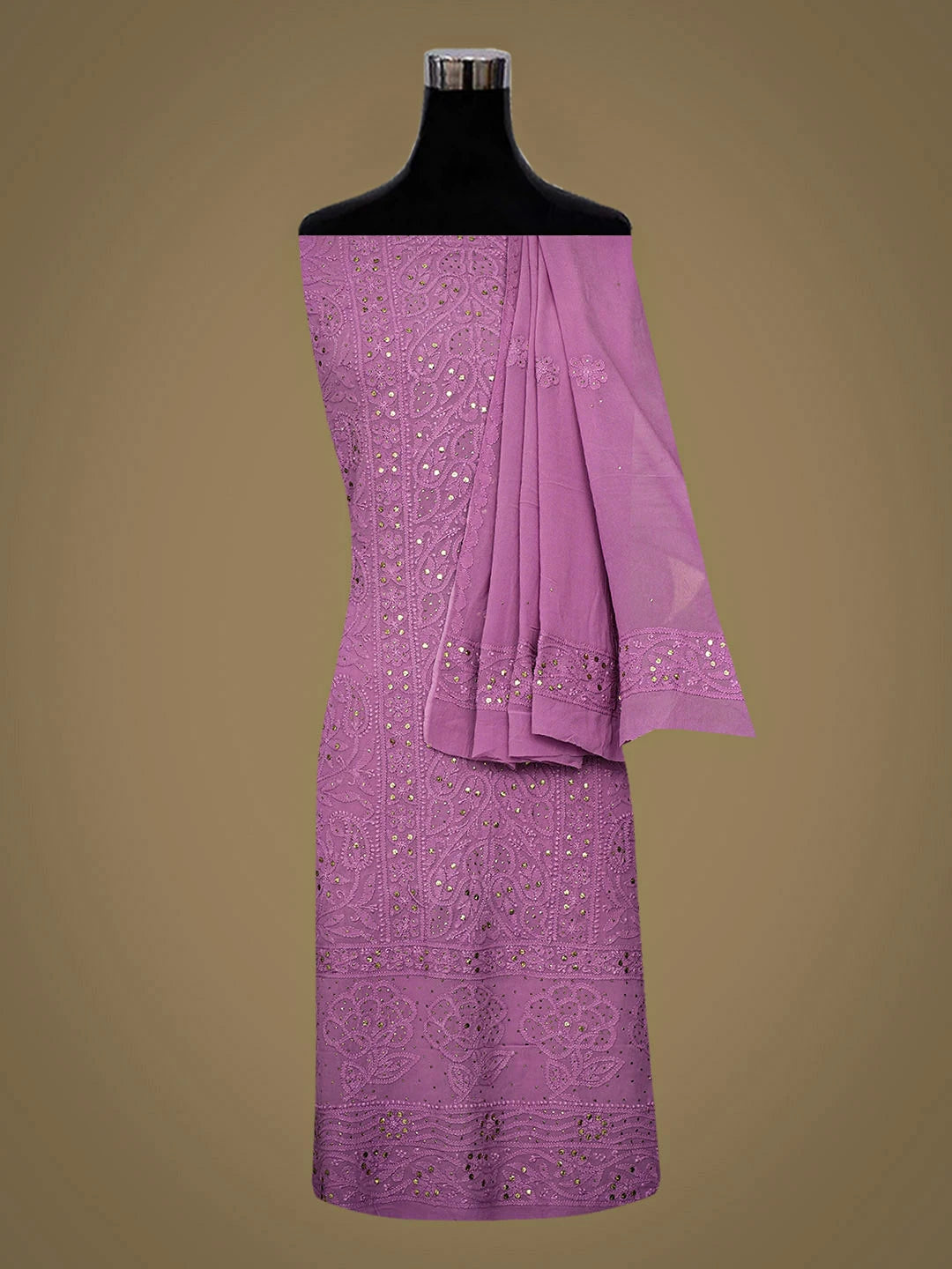 Ada Hand Embroidere Mauve Viscose Georgette Lucknowi Chikankari Unstitched Kurta Dupatta Set With Muqaish/Mukaish Work 01A802238