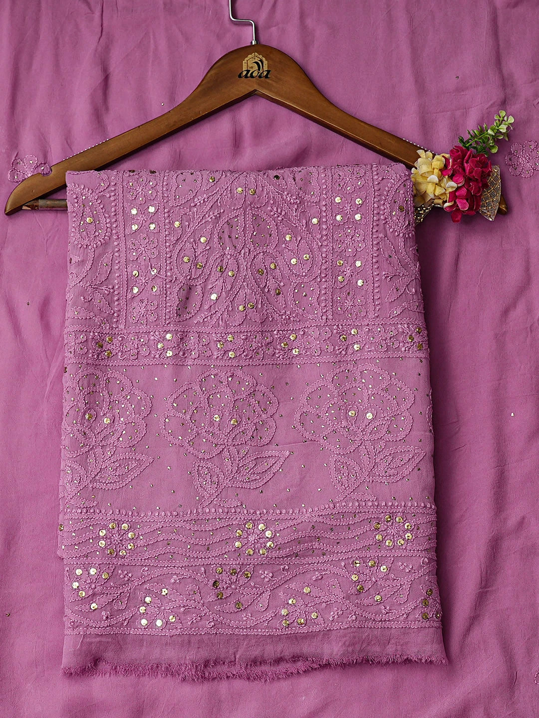 Ada Hand Embroidere Mauve Viscose Georgette Lucknowi Chikankari Unstitched Kurta Dupatta Set With Muqaish/Mukaish Work 01A802238