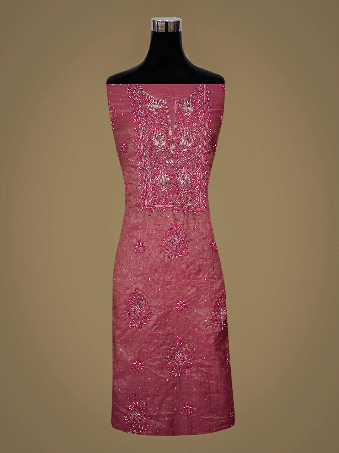 Ada Hand Embroidere Pink Tissue Lucknowi Chikankari Unstitched Kurta Dupatta Set With Pearl Work 01A779572