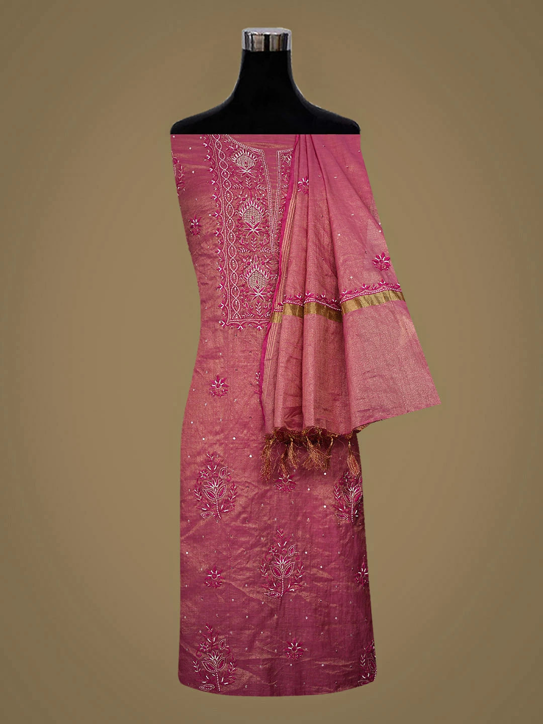 Ada Hand Embroidere Pink Tissue Lucknowi Chikankari Unstitched Kurta Dupatta Set With Pearl Work 01A779572