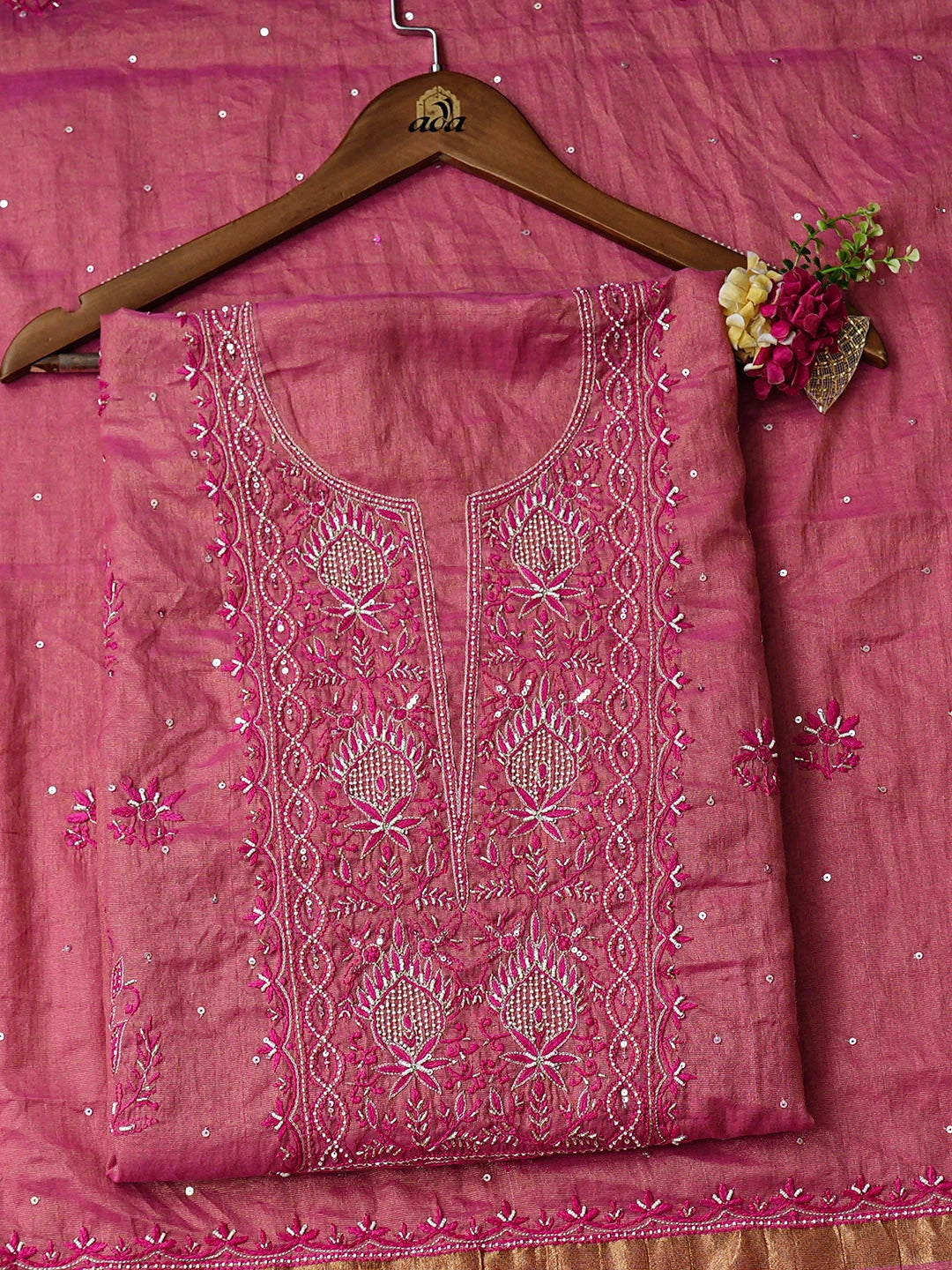 Ada Hand Embroidere Pink Tissue Lucknowi Chikankari Unstitched Kurta Dupatta Set With Pearl Work 01A779572