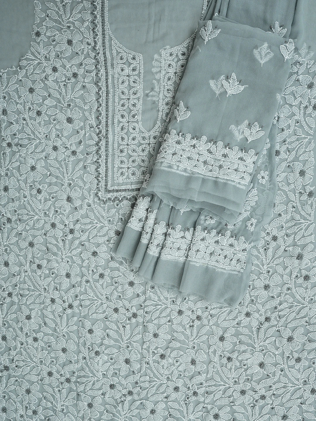 Ada Hand Embroidered Grey Faux Georgette Lucknowi Chikankari Unstitched Suit Piece 01A944010