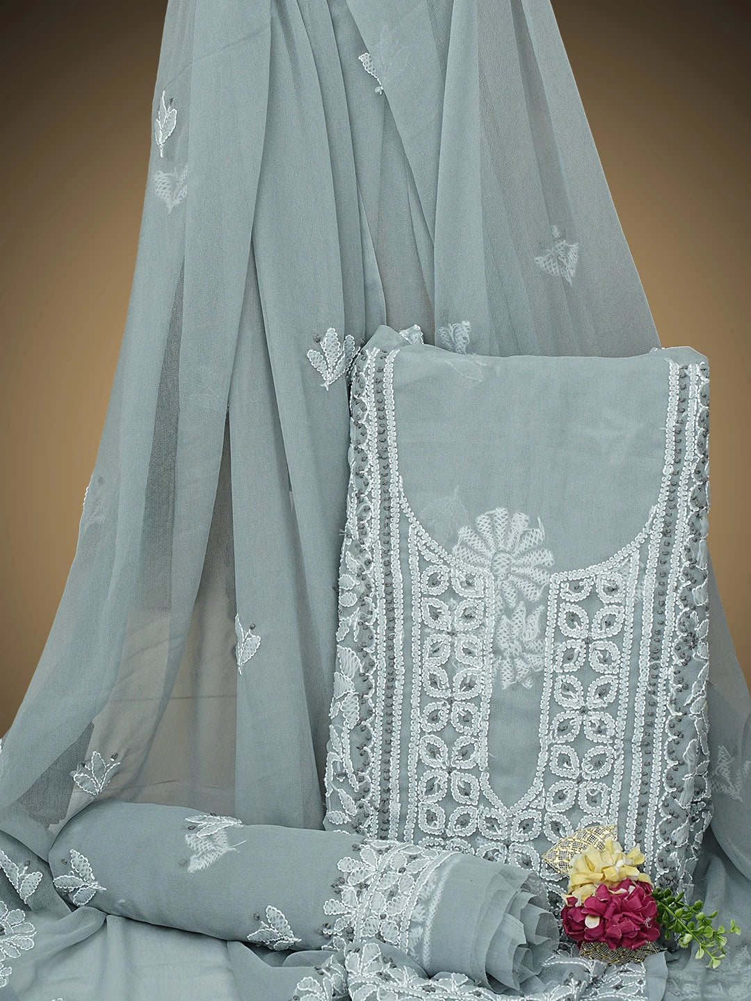 Ada Hand Embroidered Grey Faux Georgette Lucknowi Chikankari Unstitched Suit Piece 01A944010
