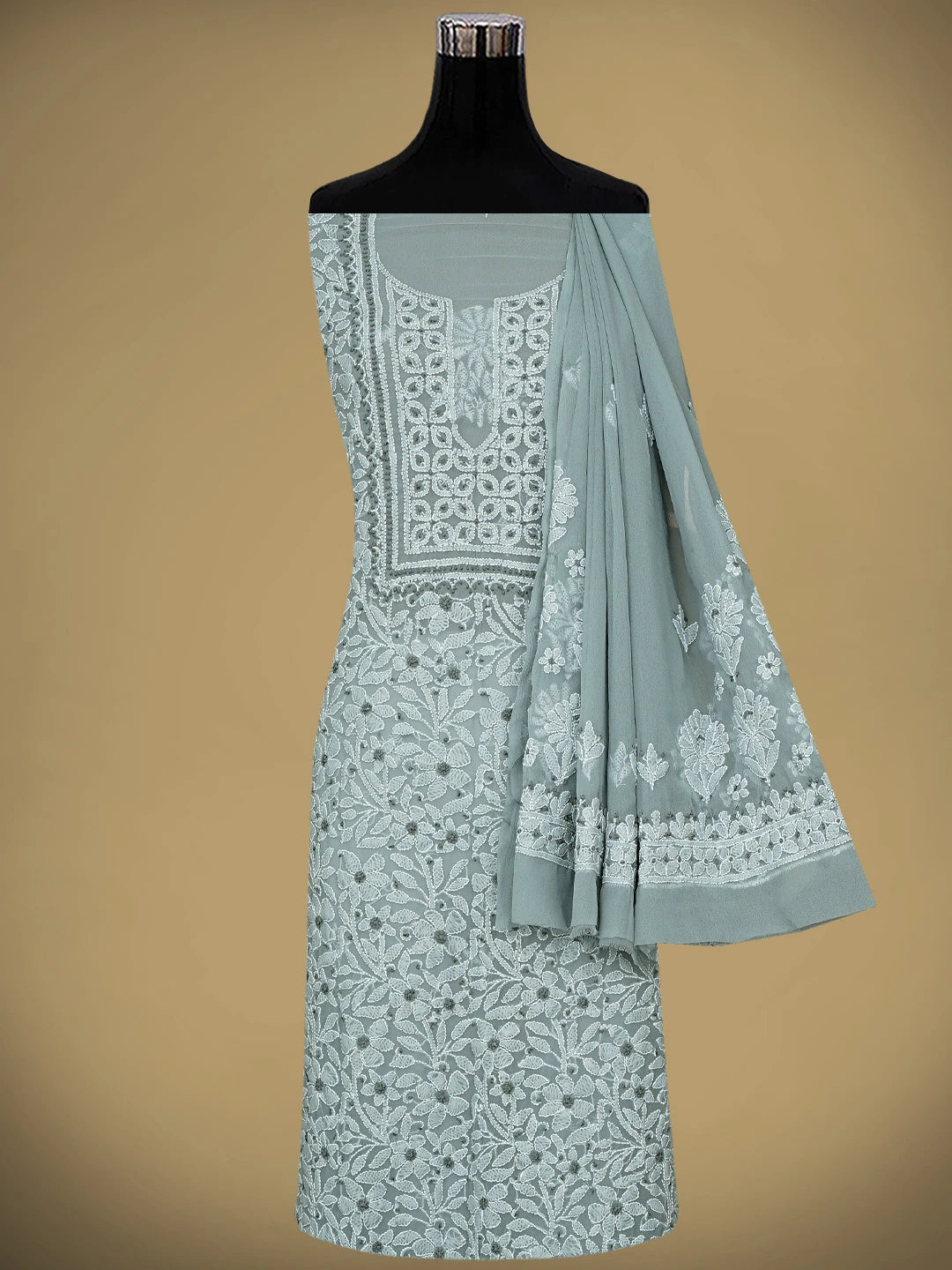 Ada Hand Embroidered Grey Faux Georgette Lucknowi Chikankari Unstitched Suit Piece 01A944010