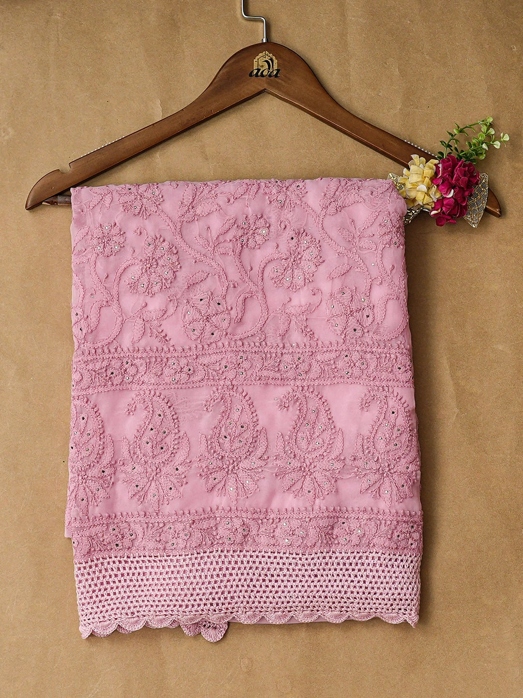 Ada Hand Embroidered Pink Georgette Lucknowi Chikankari Kurta Piece With Muqaish/Mukaish Work 01A844134