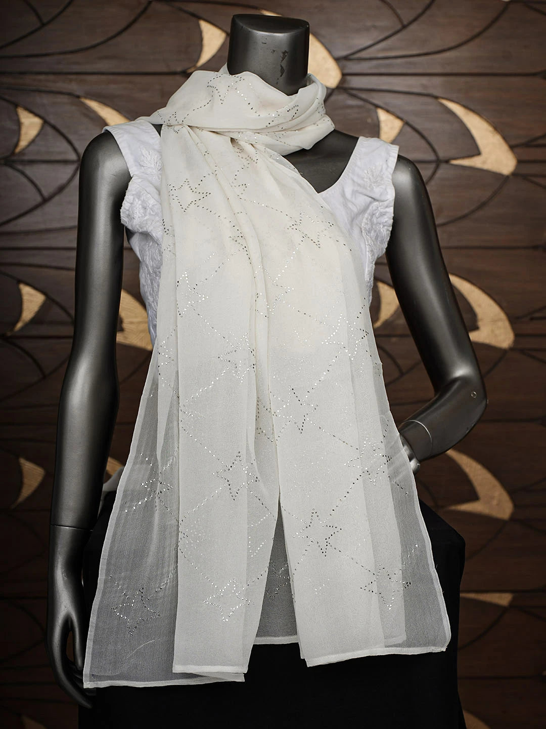 Ada Hand Embroidered Off White Pure Georgette Dupatta With Muqaish/Mukaish Work 01A551484