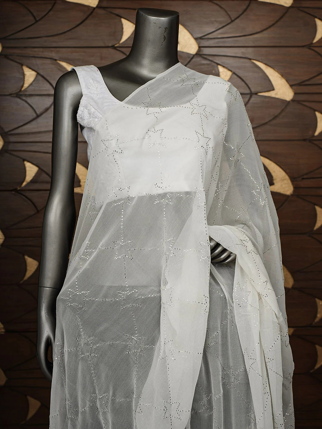 Ada Hand Embroidered Off White Pure Georgette Dupatta With Muqaish/Mukaish Work 01A551484