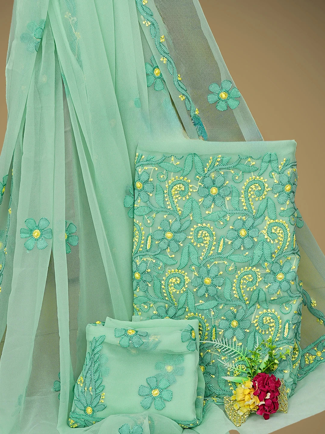 Ada Hand Embroidered Sea Green Georgette Lucknowi Chikankari Unstitched Suit Piece 01A945616