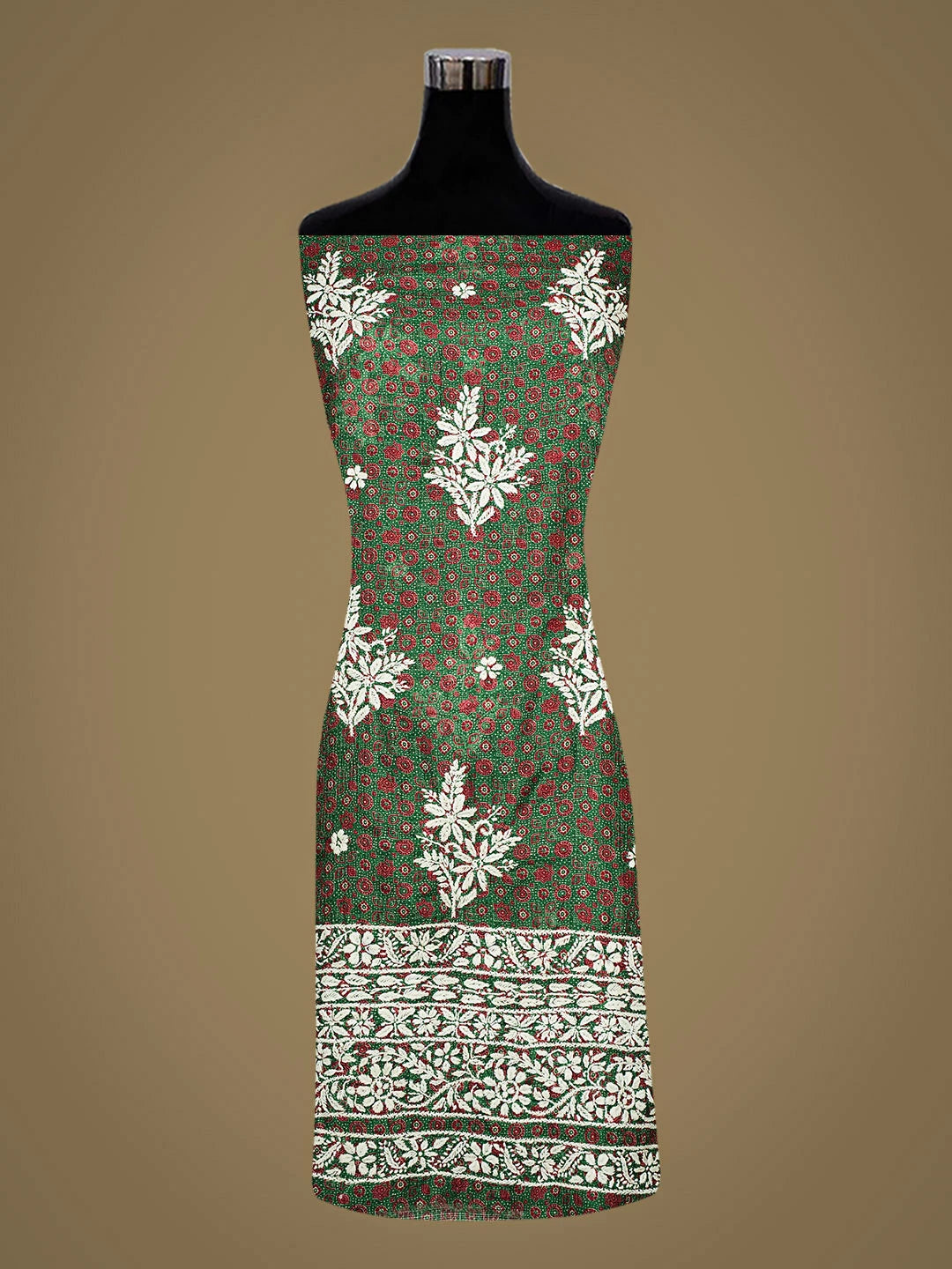 Ada Hand Embroidered Green Kota Lucknowi Chikankari Unstitched Kurta Piece 01A409944