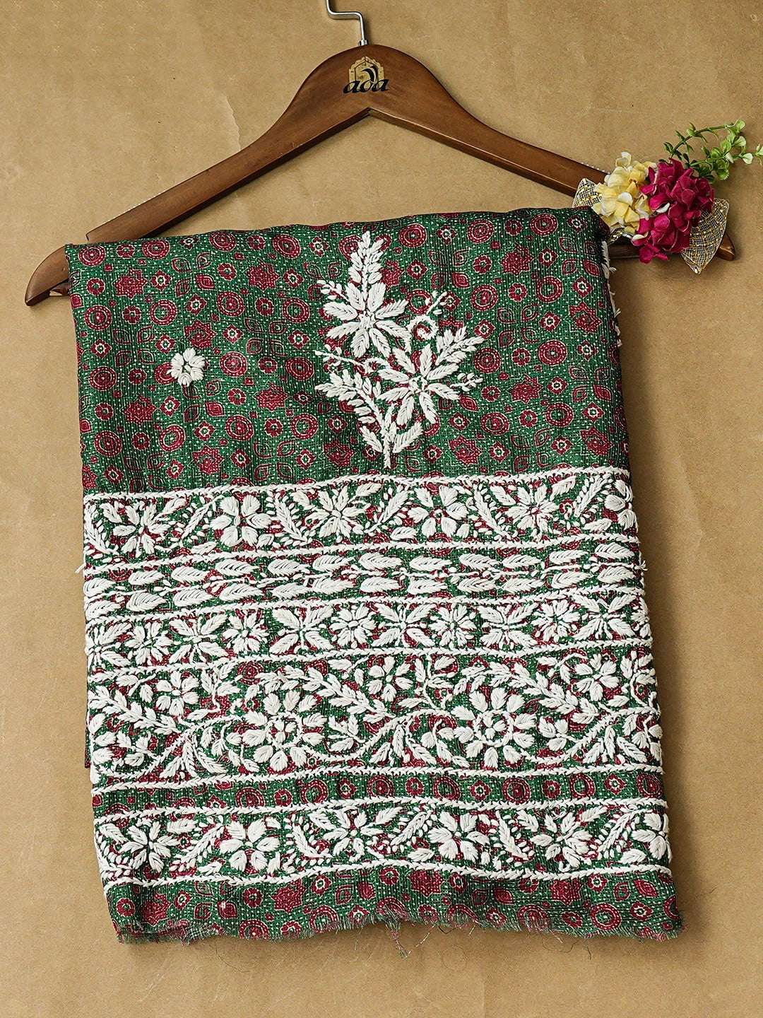 Ada Hand Embroidered Green Kota Lucknowi Chikankari Unstitched Kurta Piece 01A409944