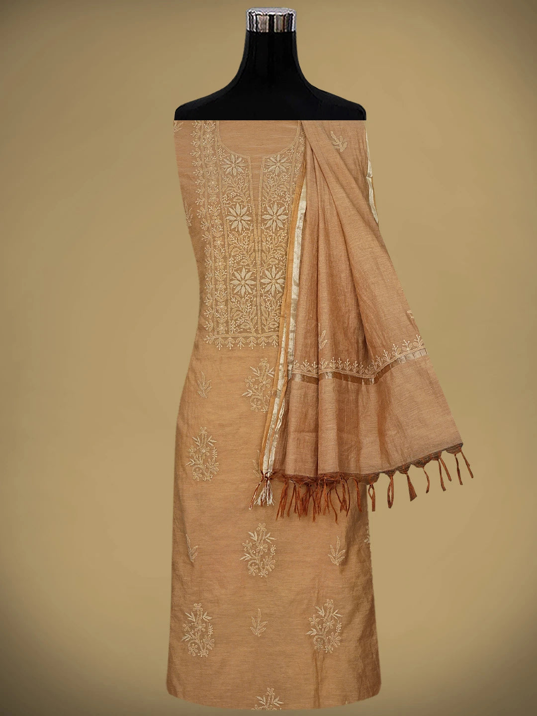 Ada Hand Embroidered Dusty Peach Chanderi Lucknowi Chikankari Unstitched Kurta Dupatta Set 01A780343