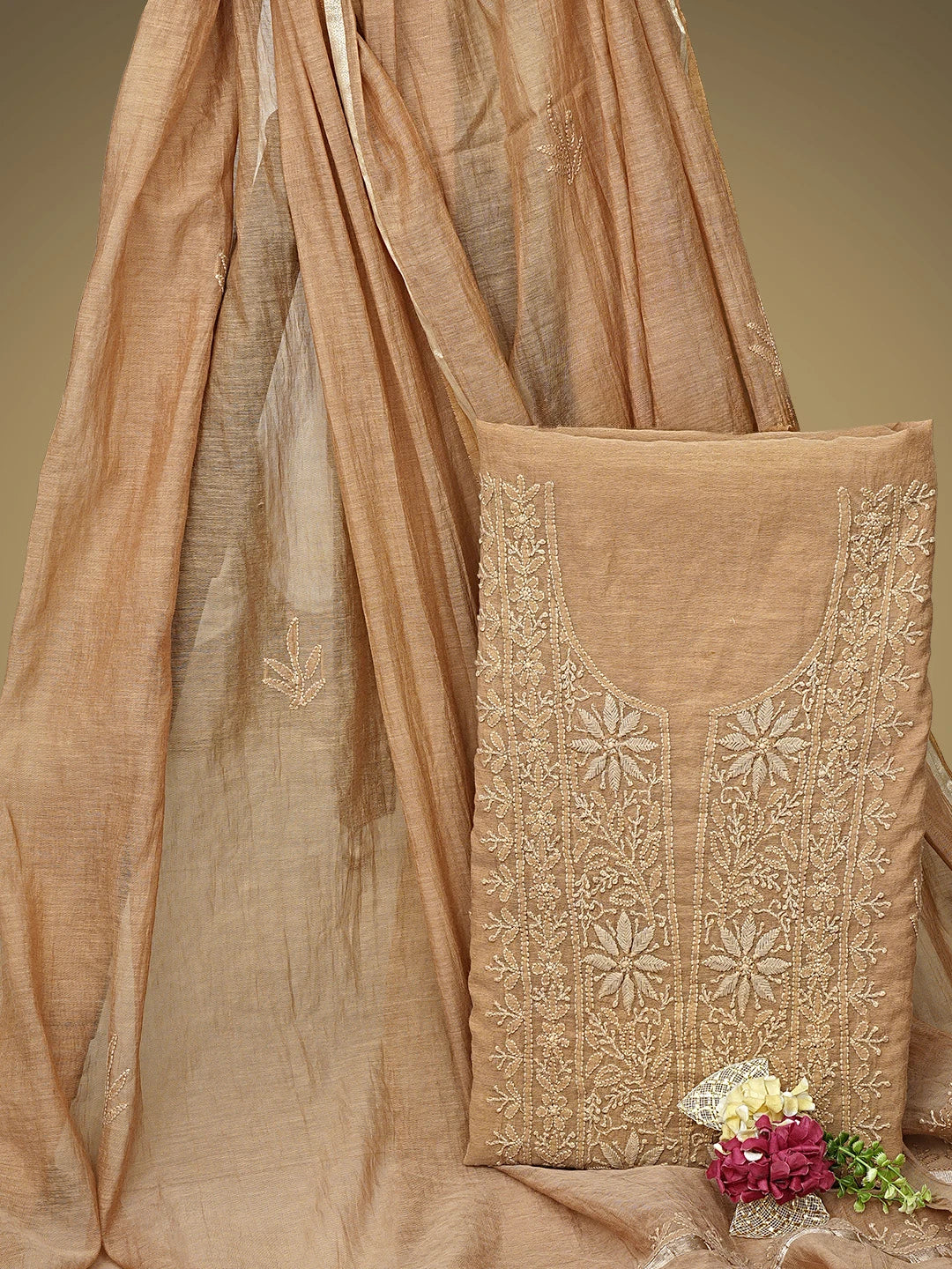 Ada Hand Embroidered Dusty Peach Chanderi Lucknowi Chikankari Unstitched Kurta Dupatta Set 01A780343