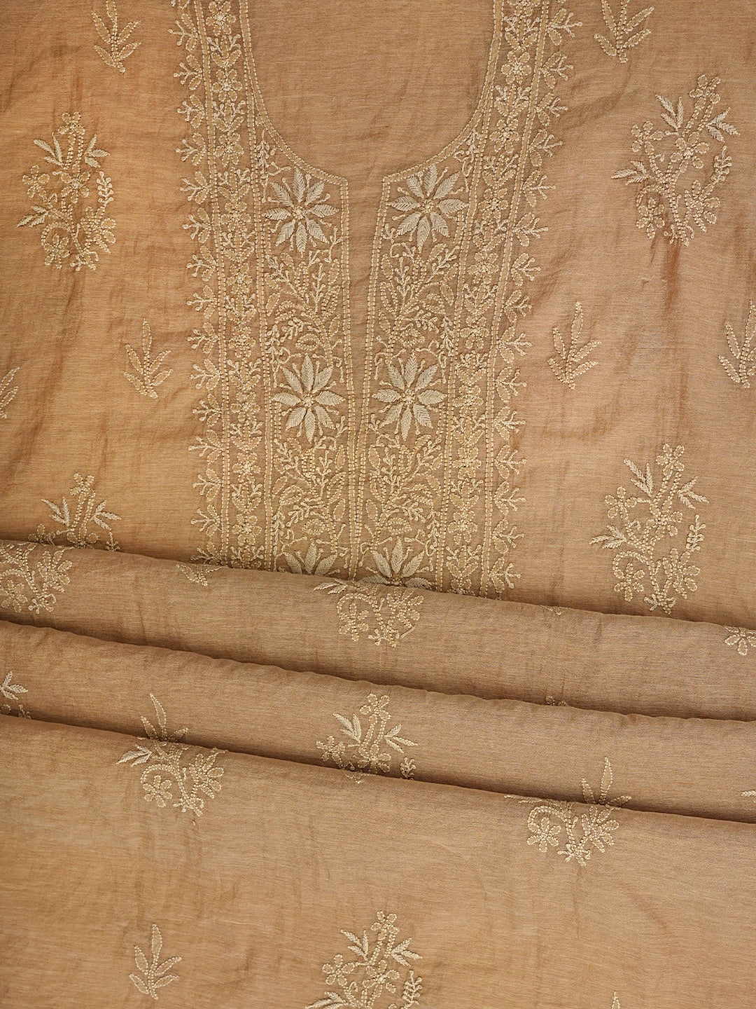 Ada Hand Embroidered Dusty Peach Chanderi Lucknowi Chikankari Unstitched Kurta Dupatta Set 01A780343