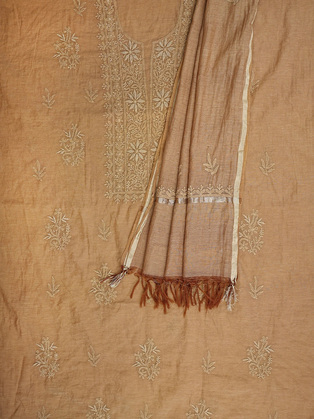 Ada Hand Embroidered Dusty Peach Chanderi Lucknowi Chikankari Unstitched Kurta Dupatta Set 01A780343