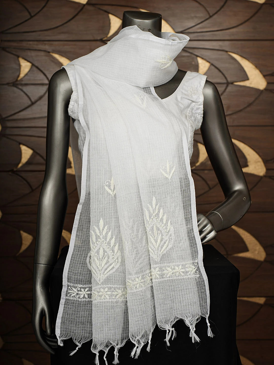 Ada Hand Embroidered White Kota Lucknowi Chikankari  Dupatta 01A796173