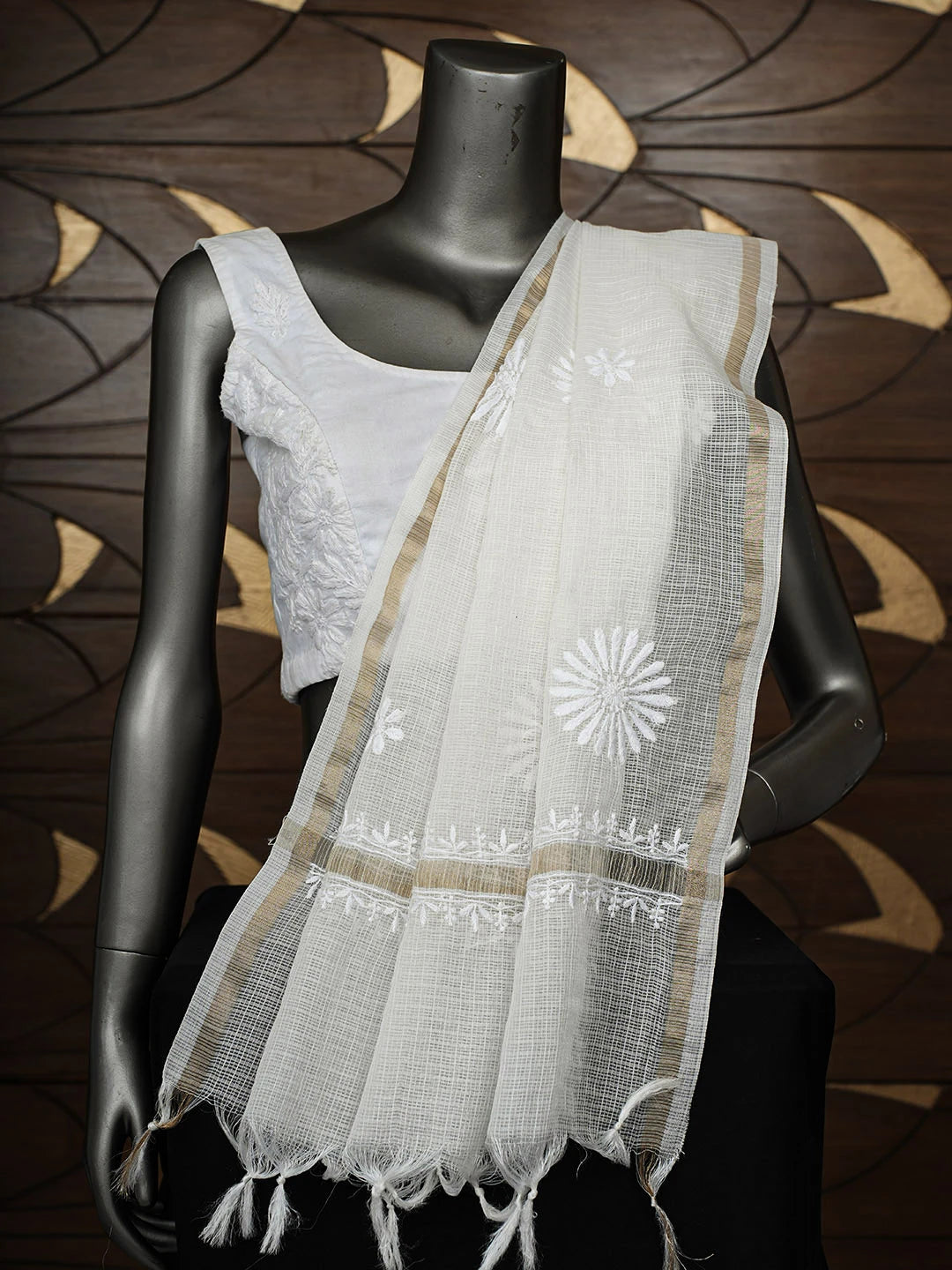 Ada Hand Embroidered White Kota Lucknowi Chikankari  Dupatta 01A796230