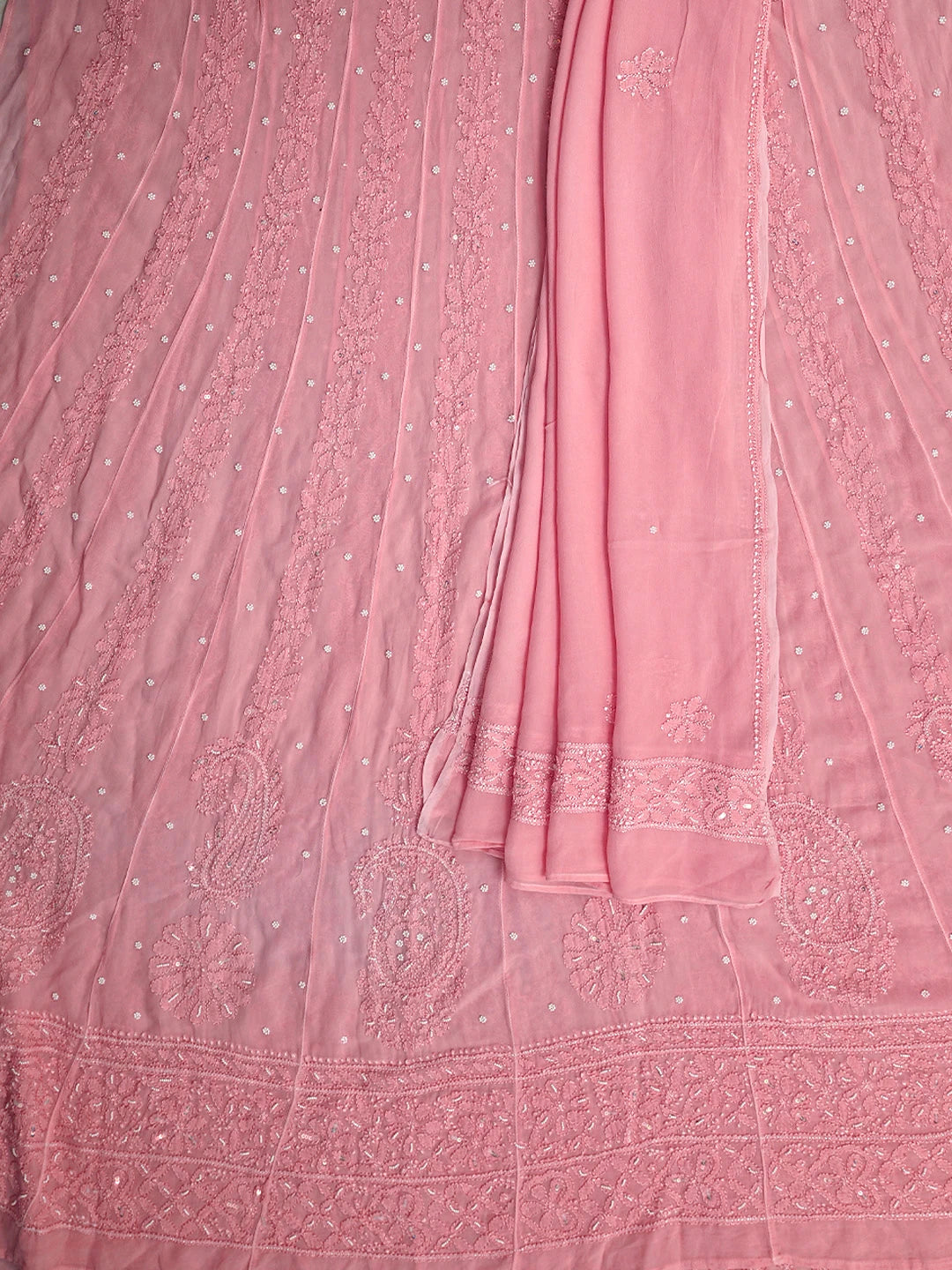 Ada Hand Embroidered Pink Viscose Georgette Lucknowi Chikankari Semi-Stitched Anarkali Kurta Dupatta Set With Sequinned Work 01A879164