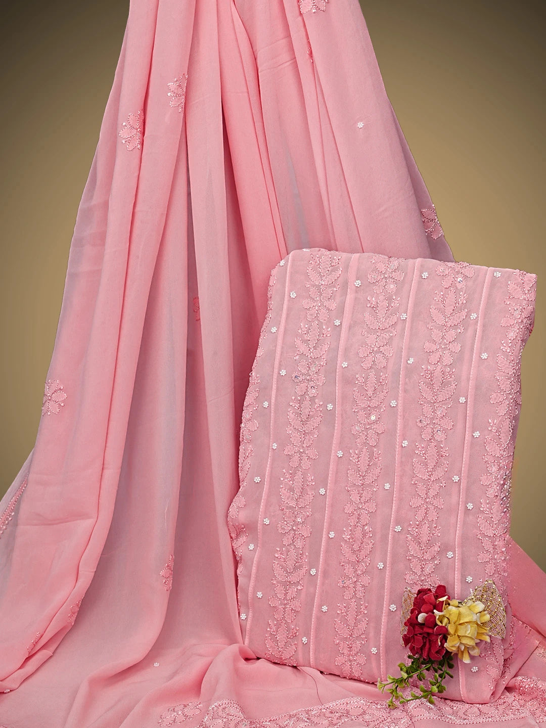 Ada Hand Embroidered Pink Viscose Georgette Lucknowi Chikankari Semi-Stitched Anarkali Kurta Dupatta Set With Sequinned Work 01A879164