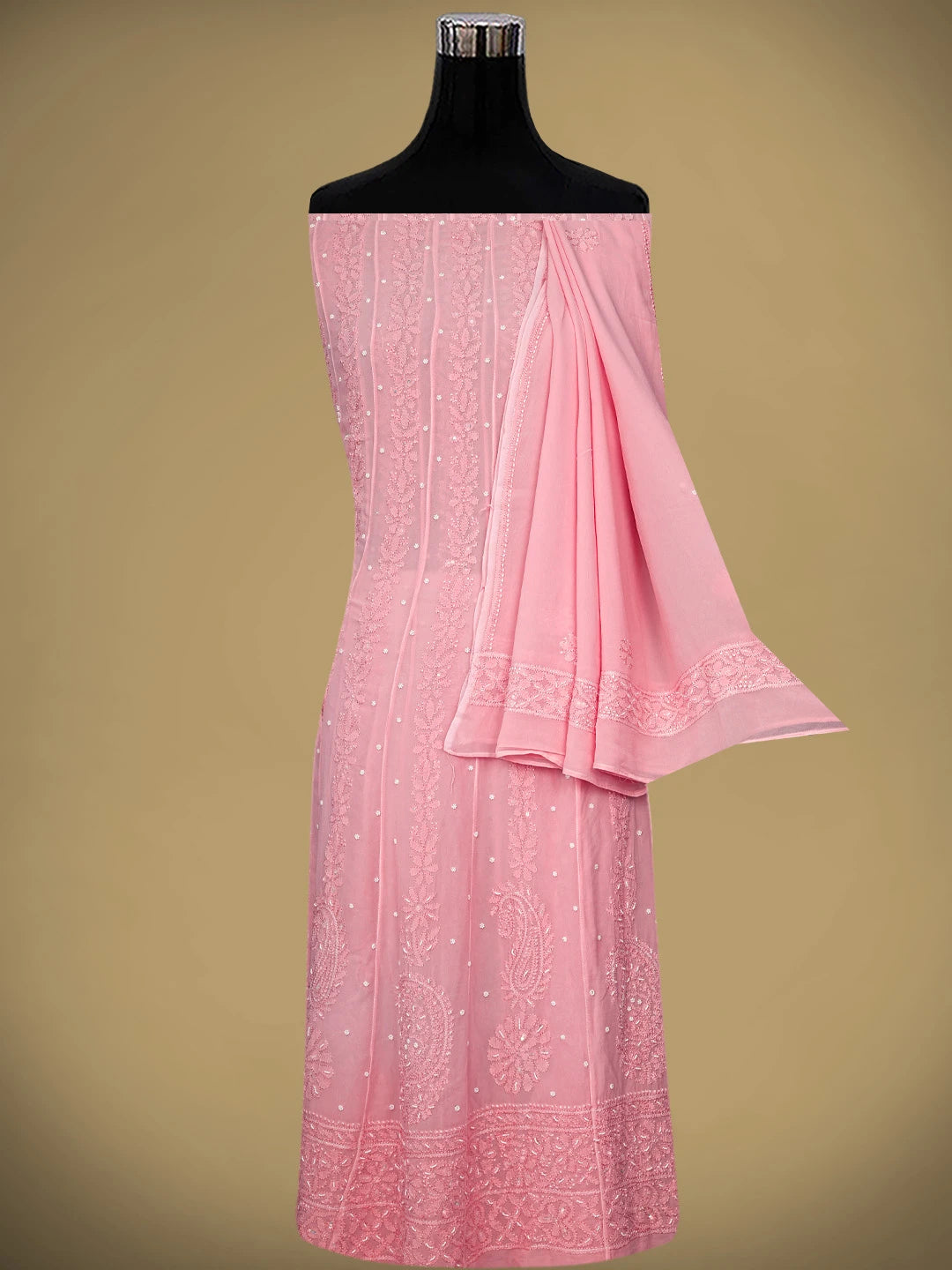 Ada Hand Embroidered Pink Viscose Georgette Lucknowi Chikankari Semi-Stitched Anarkali Kurta Dupatta Set With Sequinned Work 01A879164