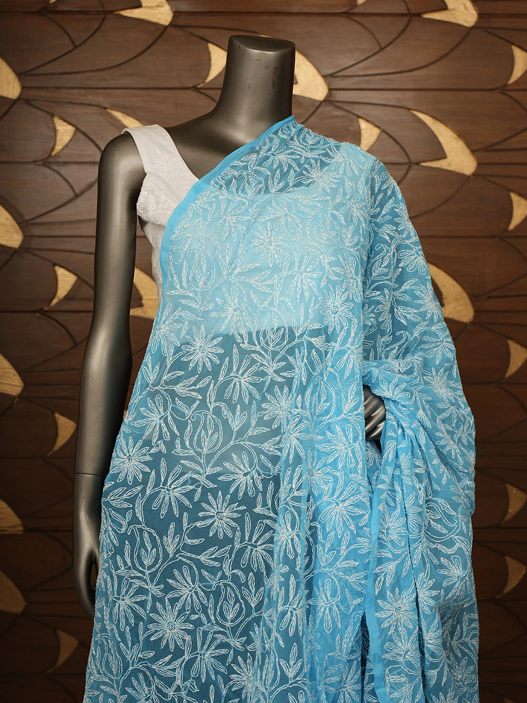 Ada Hand Embroidered Blue Faux Georgette Lucknowi Chikankari Dupatta 01A751444