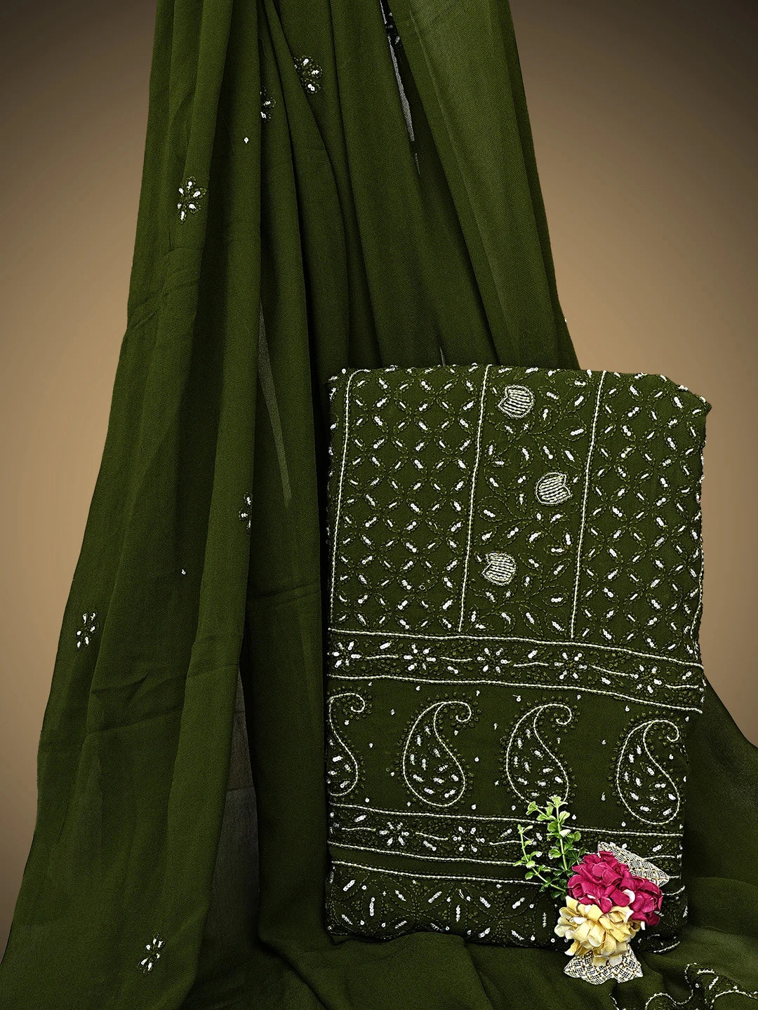 Ada Hand Embroidere Olive Leaf Viscose Georgette Lucknowi Chikankari Unstitched Kurta Dupatta Set With Sequinned  Work 01A795105
