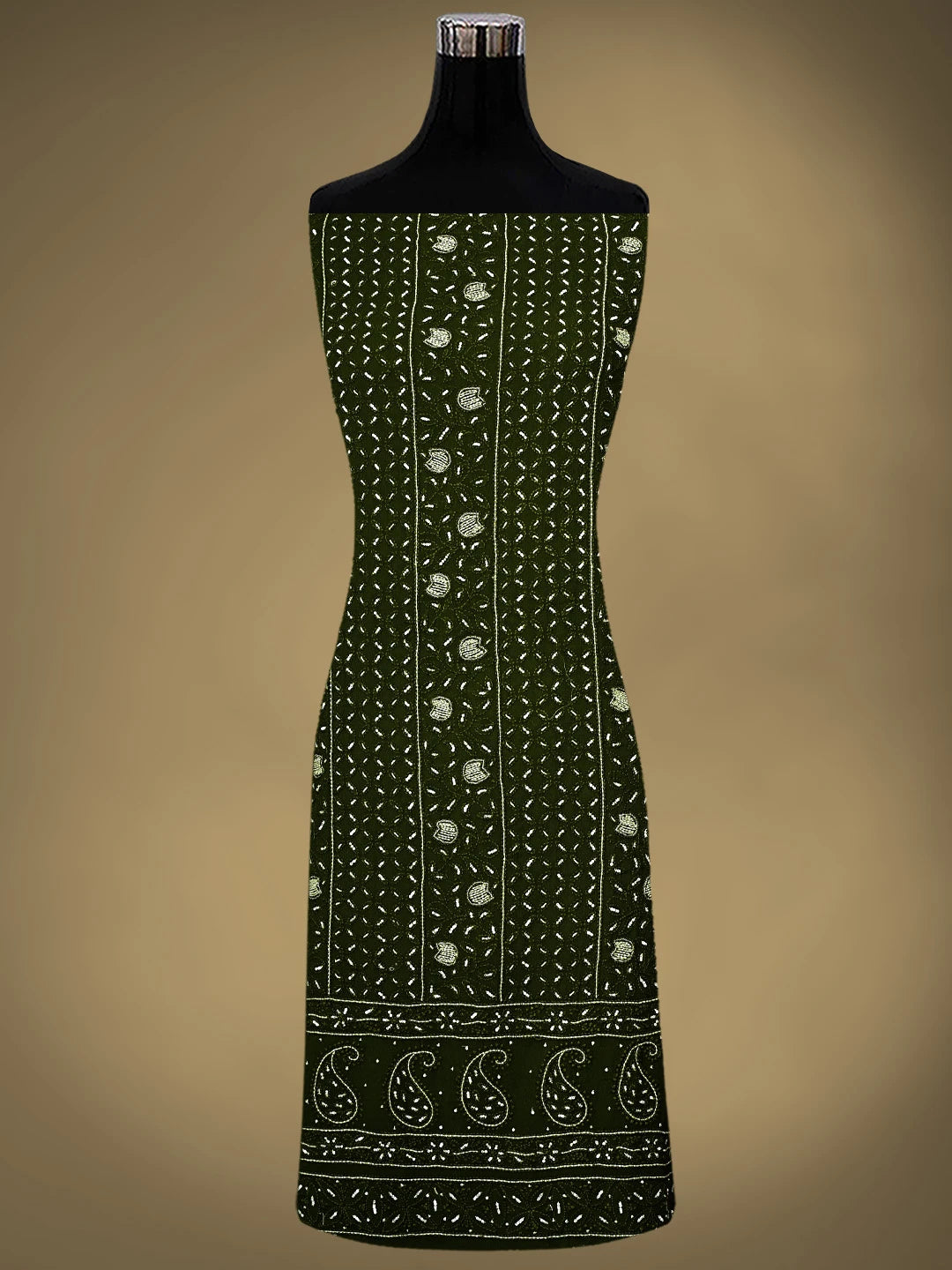 Ada Hand Embroidere Olive Leaf Viscose Georgette Lucknowi Chikankari Unstitched Kurta Dupatta Set With Sequinned  Work 01A795105