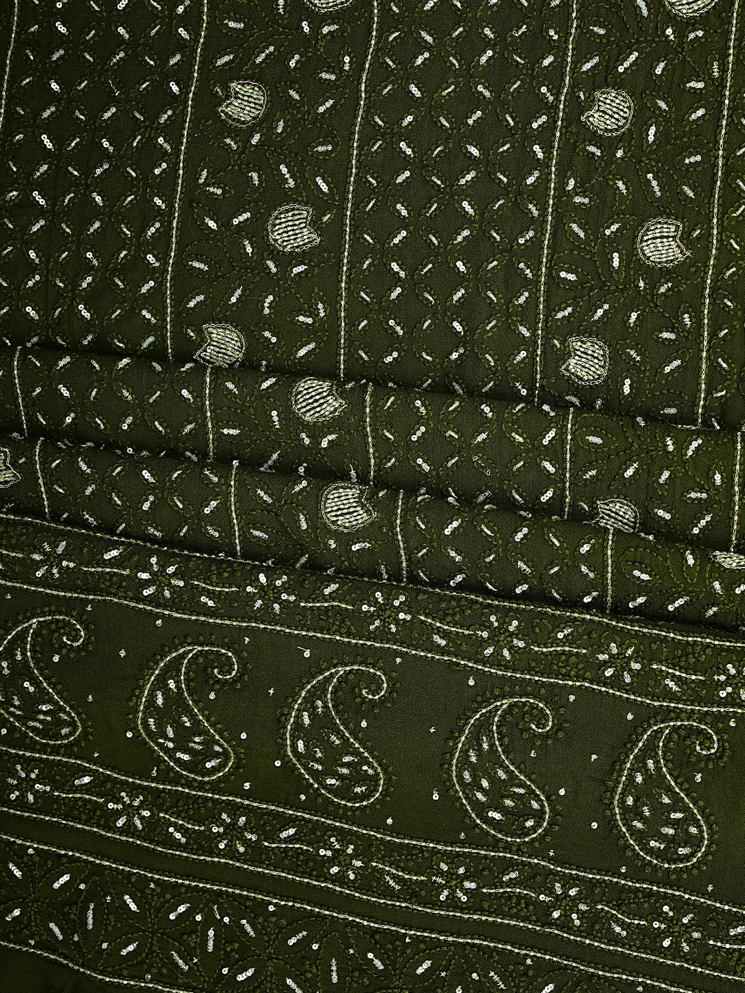 Ada Hand Embroidere Olive Leaf Viscose Georgette Lucknowi Chikankari Unstitched Kurta Dupatta Set With Sequinned  Work 01A795105