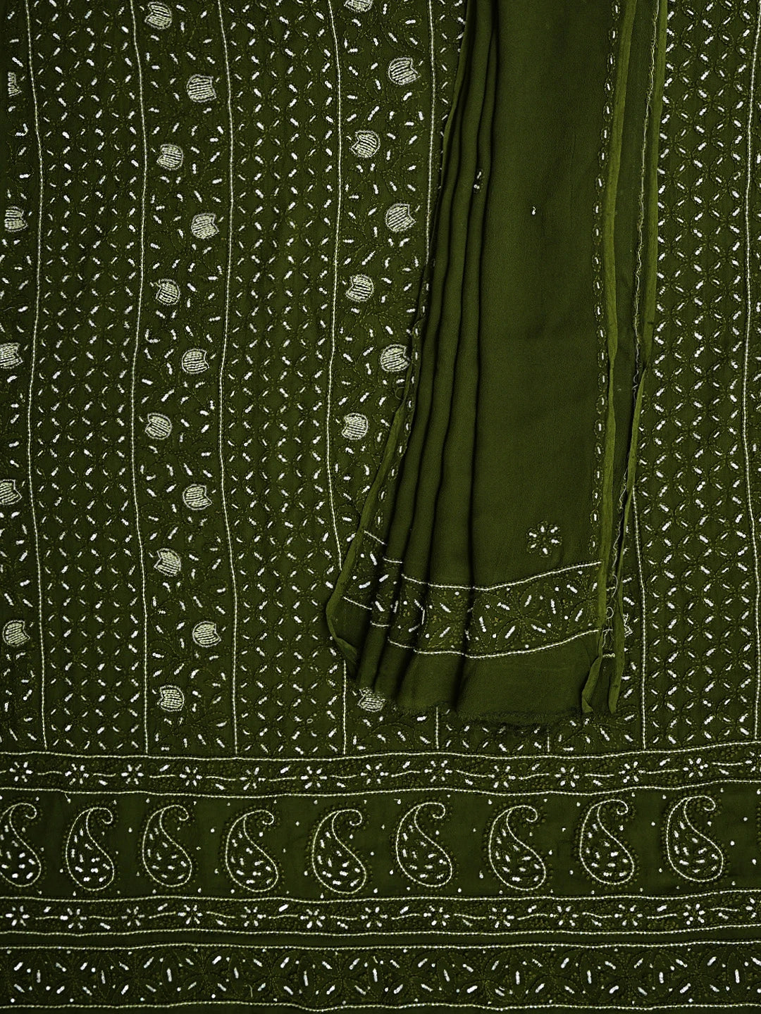 Ada Hand Embroidere Olive Leaf Viscose Georgette Lucknowi Chikankari Unstitched Kurta Dupatta Set With Sequinned  Work 01A795105