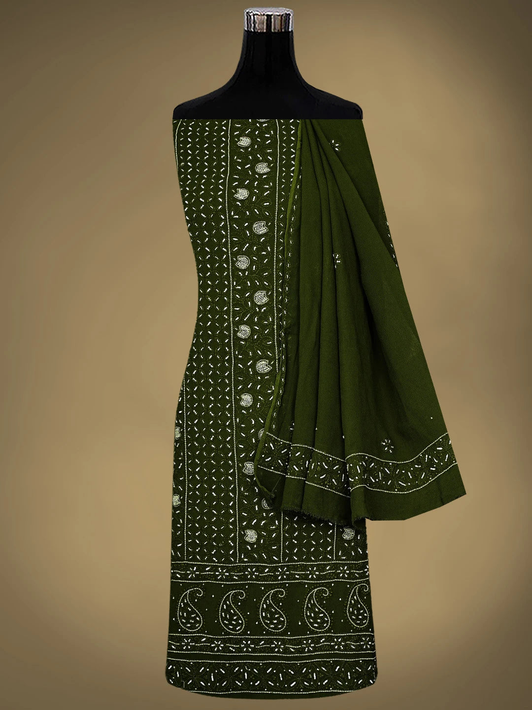 Ada Hand Embroidere Olive Leaf Viscose Georgette Lucknowi Chikankari Unstitched Kurta Dupatta Set With Sequinned  Work 01A795105