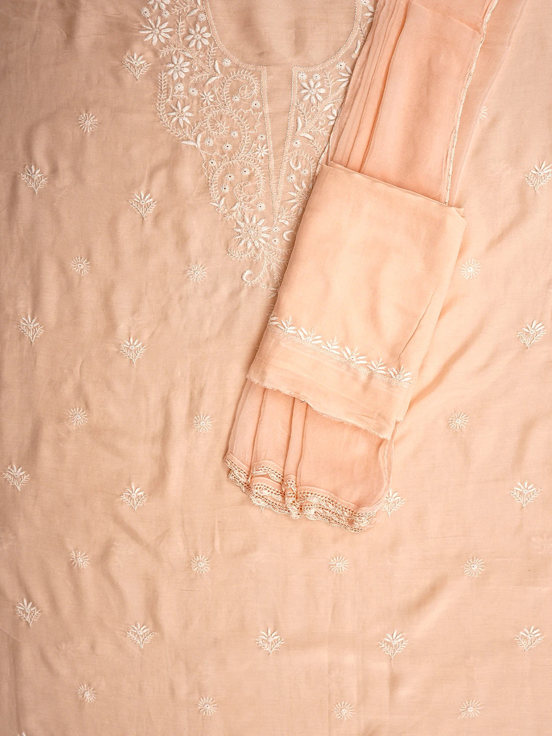 Ada Hand Embroidered Peach Muslin Lucknowi Chikankari Unstitched Suit Piece 01A855628