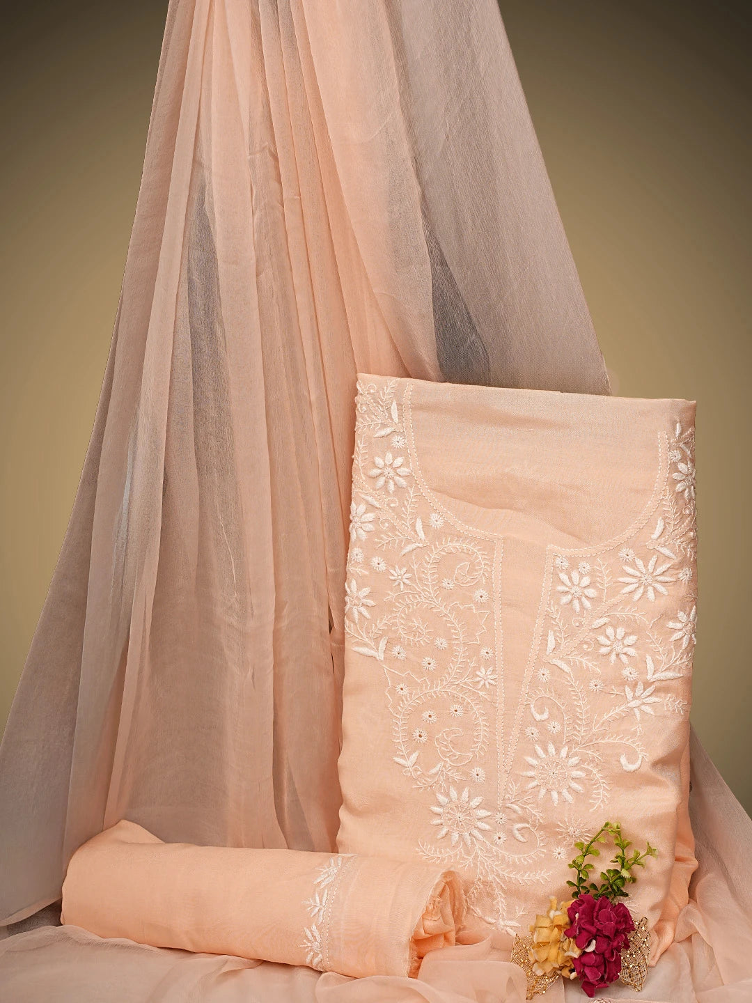 Ada Hand Embroidered Peach Muslin Lucknowi Chikankari Unstitched Suit Piece 01A855628
