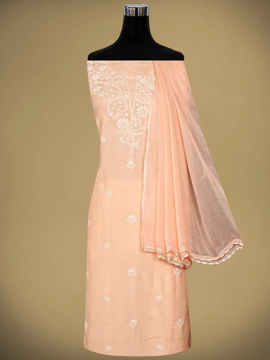 Ada Hand Embroidered Peach Muslin Lucknowi Chikankari Unstitched Suit Piece 01A855628