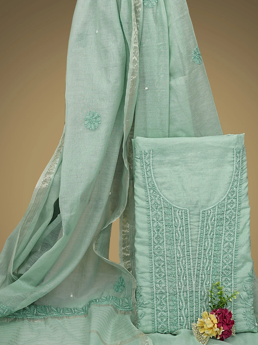 Ada Hand Embroidered Sea Green Chanderi Lucknowi Chikankari Unstitched Kurta Dupatta Set with Cutdana Work 01A939748