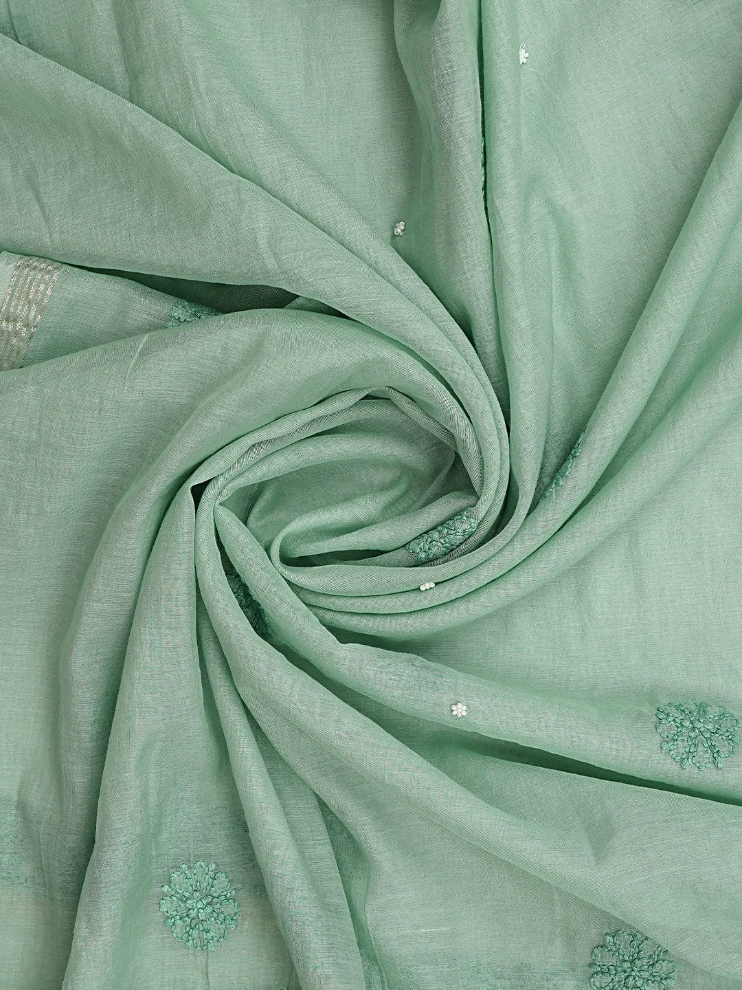 Ada Hand Embroidered Sea Green Chanderi Lucknowi Chikankari Unstitched Kurta Dupatta Set with Cutdana Work 01A939748