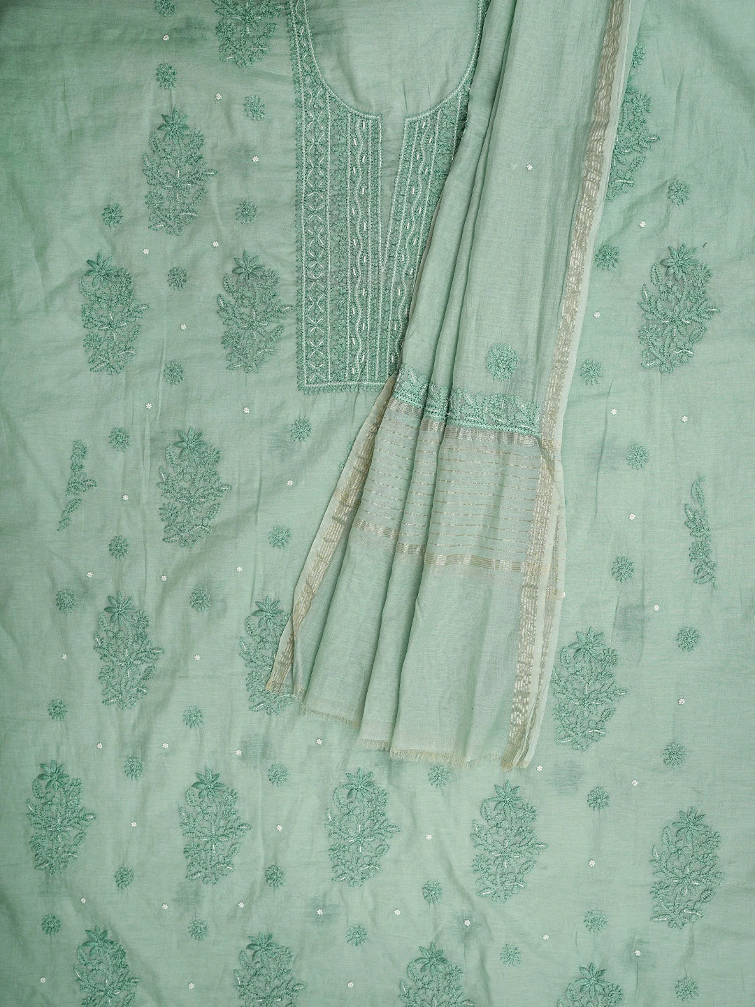 Ada Hand Embroidered Sea Green Chanderi Lucknowi Chikankari Unstitched Kurta Dupatta Set with Cutdana Work 01A939748