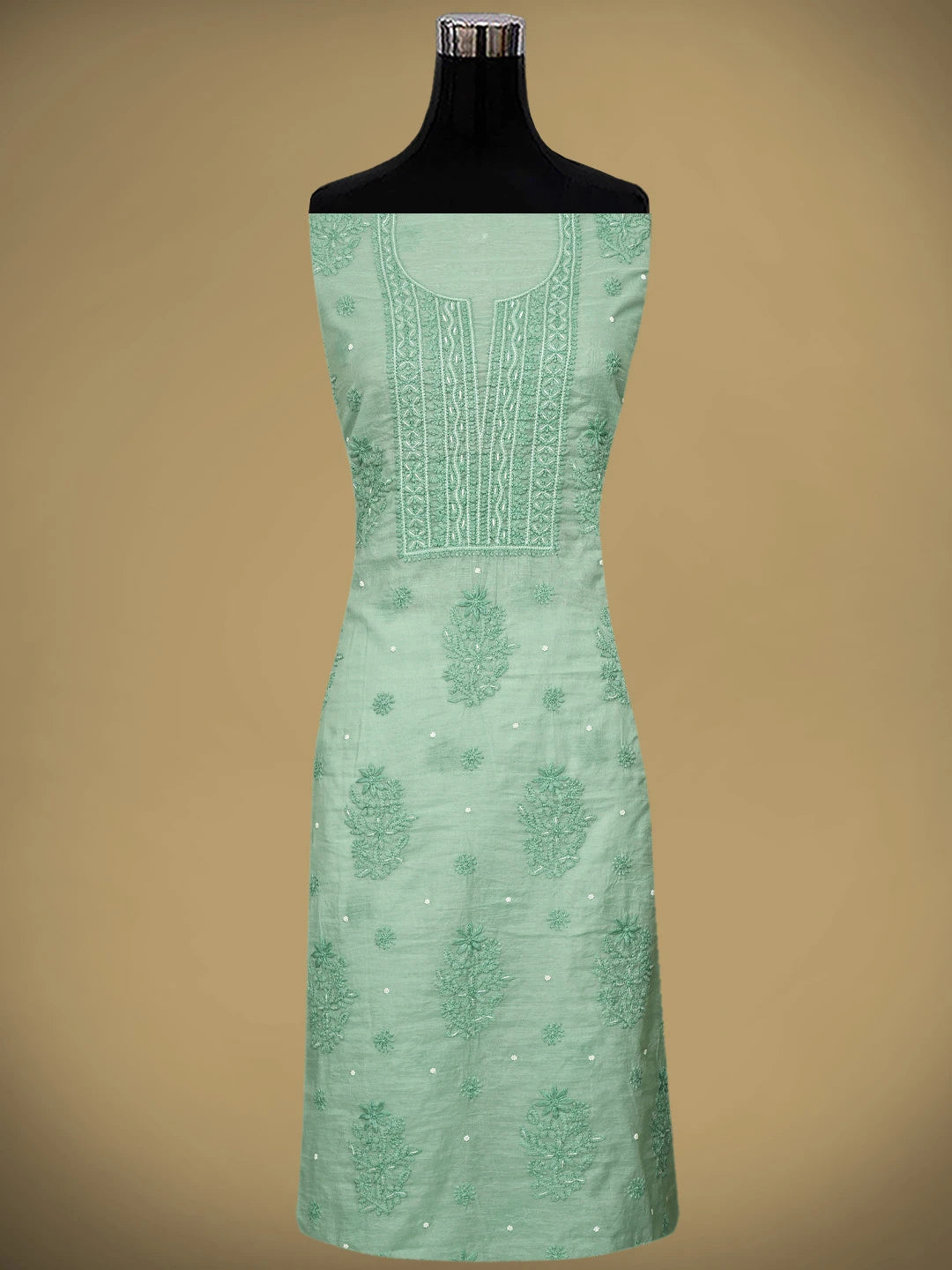 Ada Hand Embroidered Sea Green Chanderi Lucknowi Chikankari Unstitched Kurta Dupatta Set with Cutdana Work 01A939748