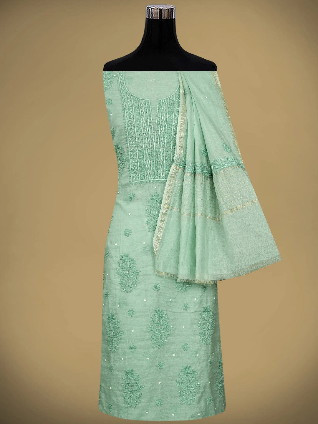 Ada Hand Embroidered Sea Green Chanderi Lucknowi Chikankari Unstitched Kurta Dupatta Set with Cutdana Work 01A939748