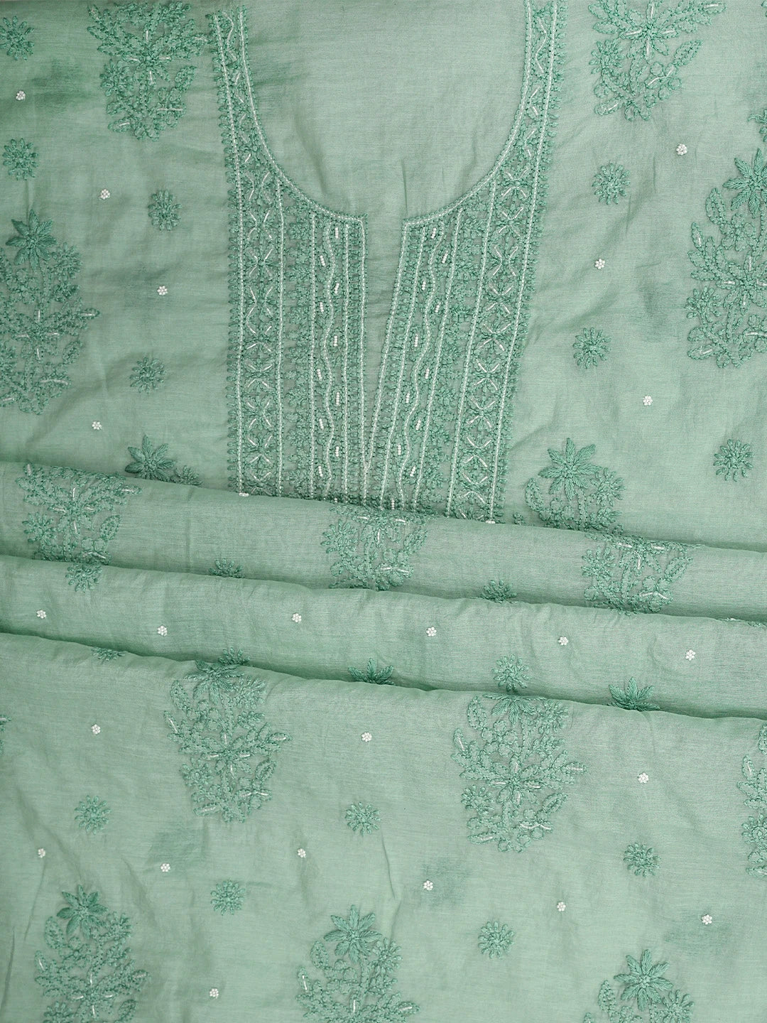 Ada Hand Embroidered Sea Green Chanderi Lucknowi Chikankari Unstitched Kurta Dupatta Set with Cutdana Work 01A939748