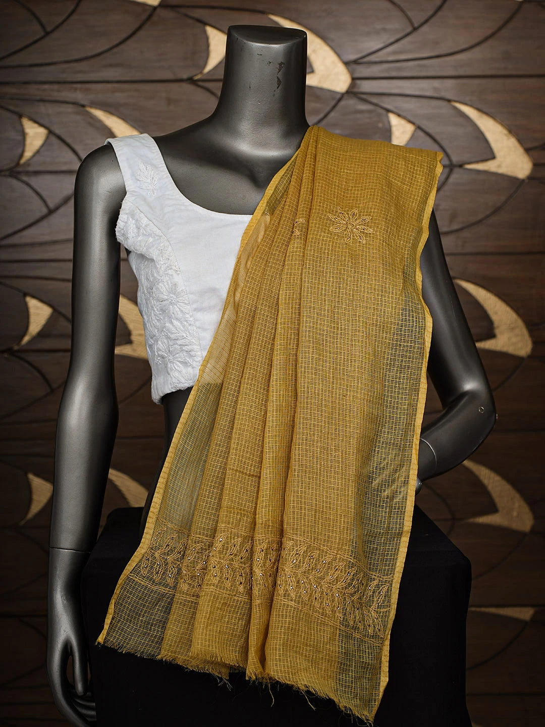 Ada Hand Embroidered Mehandi Green Kota Lucknowi Chikankari Dupatta With Muqaish/Mukaish Work 01A737382