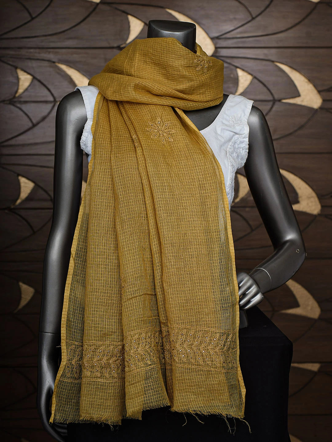 Ada Hand Embroidered Mehandi Green Kota Lucknowi Chikankari Dupatta With Muqaish/Mukaish Work 01A737382