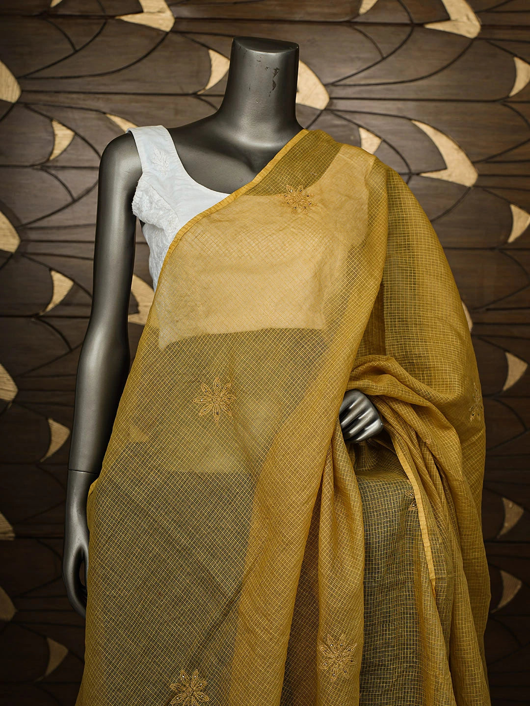 Ada Hand Embroidered Mehandi Green Kota Lucknowi Chikankari Dupatta With Muqaish/Mukaish Work 01A737382