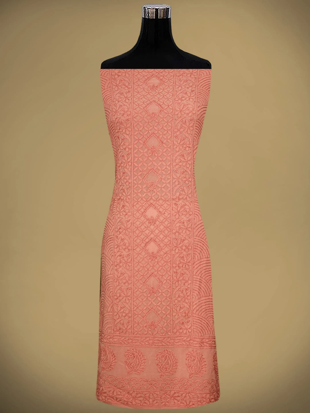 Ada Hand Embroidered Peach Viscose Georgette Lucknowi Chikankari Unstitched Kurta Dupatta Set 01A795842