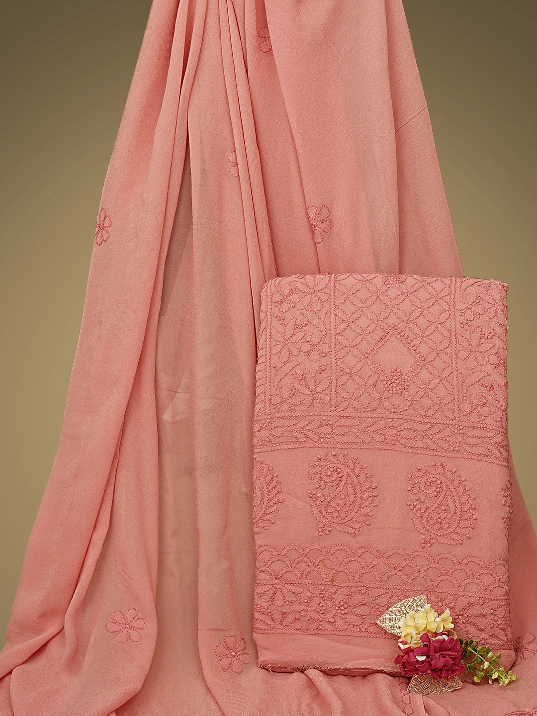 Ada Hand Embroidered Peach Viscose Georgette Lucknowi Chikankari Unstitched Kurta Dupatta Set 01A795842