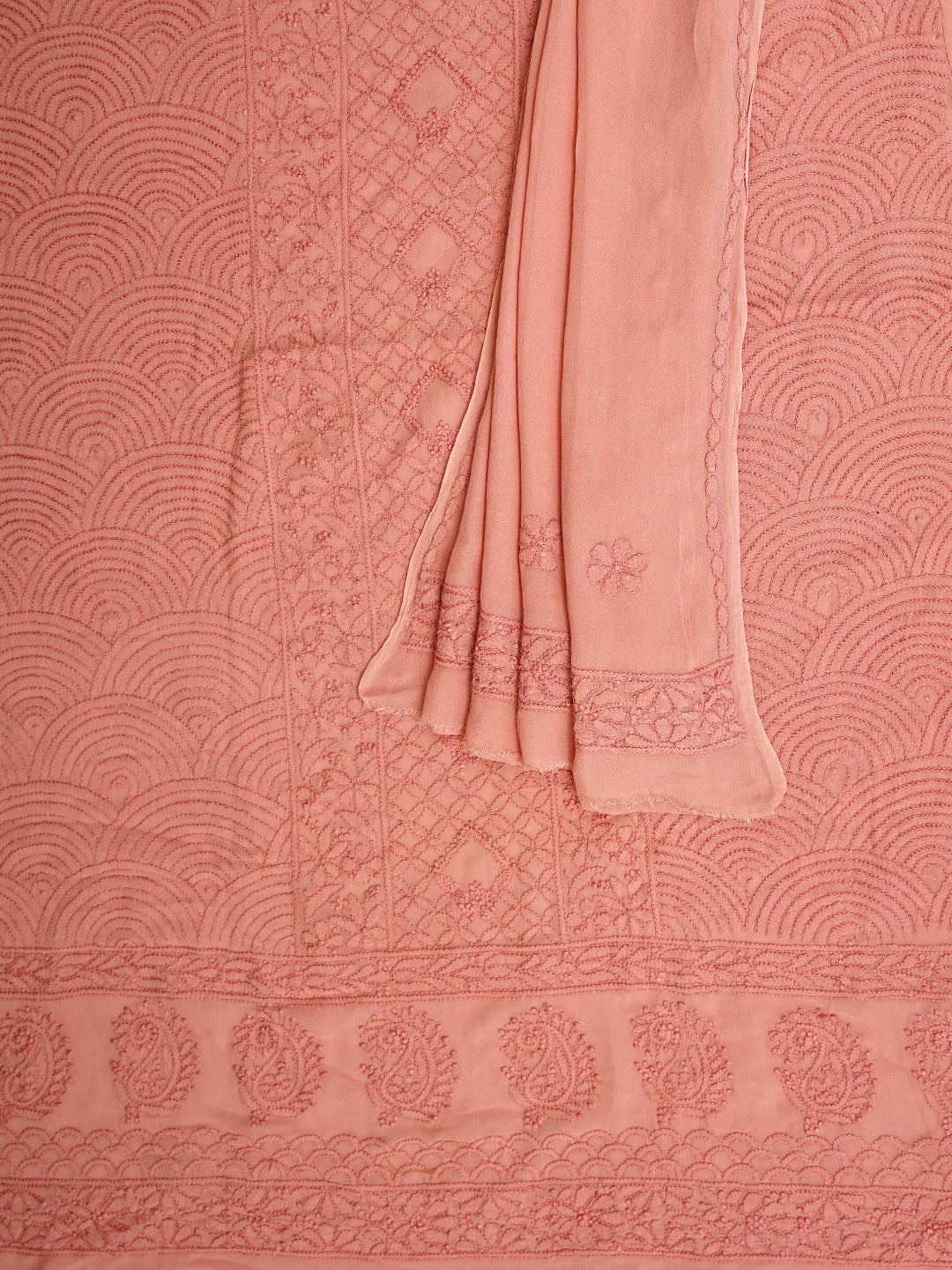 Ada Hand Embroidered Peach Viscose Georgette Lucknowi Chikankari Unstitched Kurta Dupatta Set 01A795842